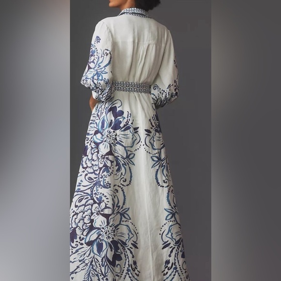 Anthropologie The Irene Linen Shirt Dress Button Front Belted Floral Blue - Picture 4 of 10